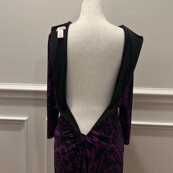 Caché Purple and Black Ruched Bodycon Long Sleeved Dress Size 6 Gold Neckline - Picture 6 of 10